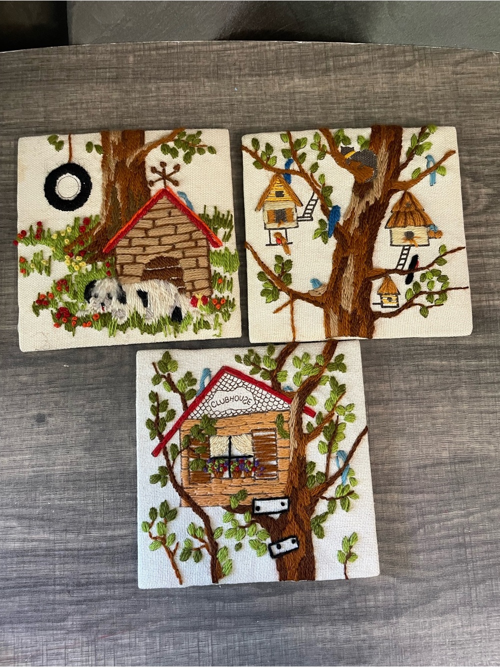 Vintage Finished Crewel Embroidery Kit Lot Set 3 Birdhouse Treehouse Doghouse